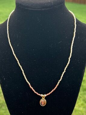 Gold and Coral Beaded Pendant Necklace - Women Jewelry